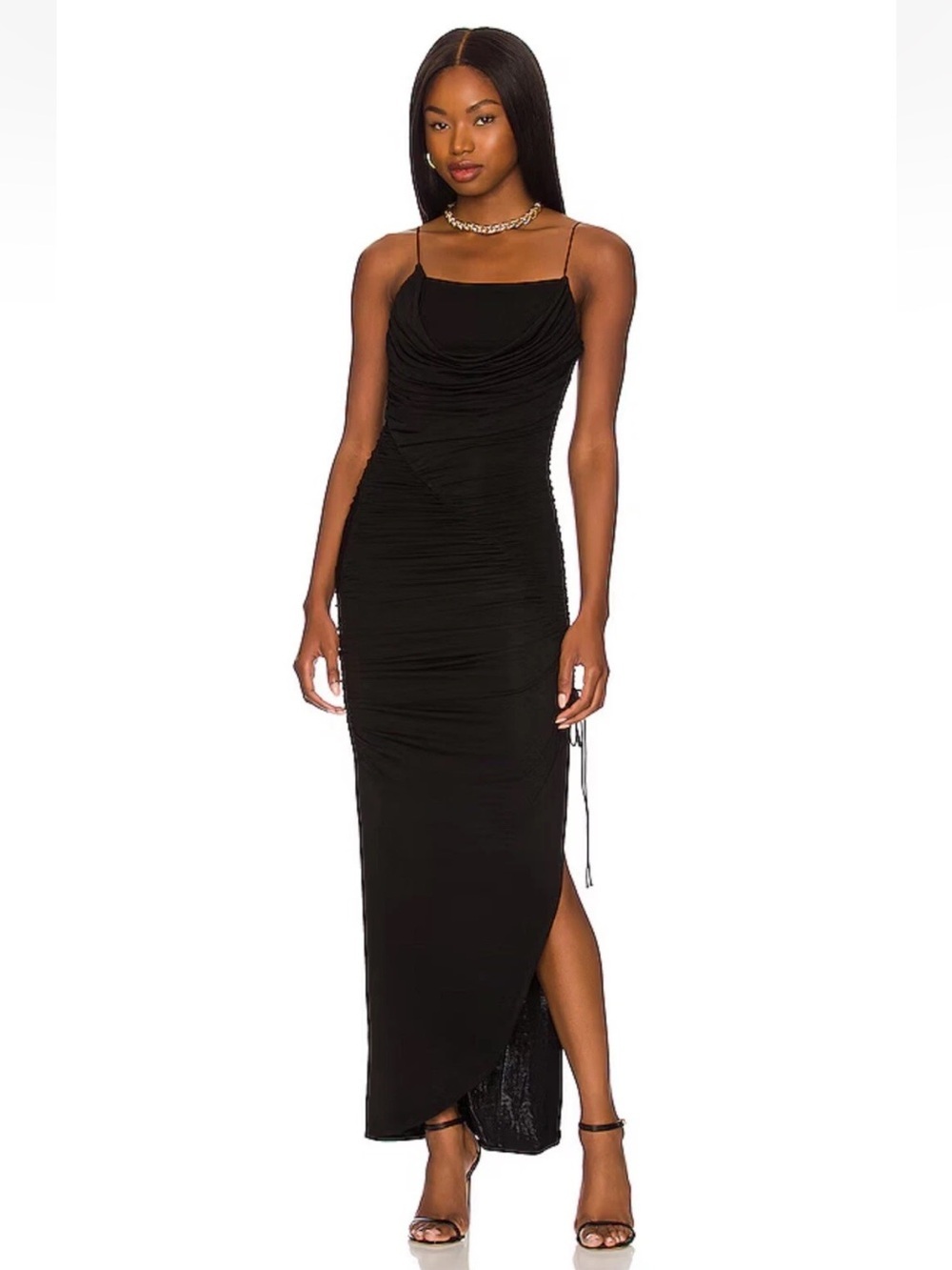 Alice + Olivia Lux Ruched Midi Dress in Black Stretch Formfitting Slit Revolve